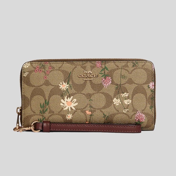 Coach Long Zip Around Wallet In Signature Canvas With Wildflower Print Khaki - Picture 1 of 8